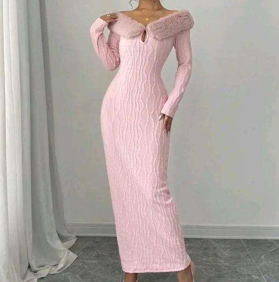 Long Sleeve Fluffy Collar Tie-Waist Off Shoulder Elegant Char - Picture 1 of 4